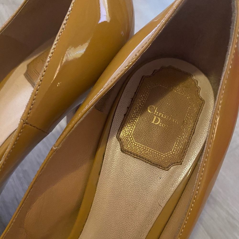Tan Christian Dior peep toe pumps